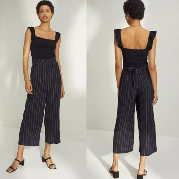 Aritzia Wilfred Black, White & Burgundy Stripe High Waist Wide Leg Pants w Belt - Picture 1 of 9